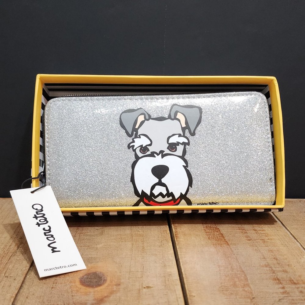 Marc tetro schnauzer silver glam glitter large zip around wallet nwt